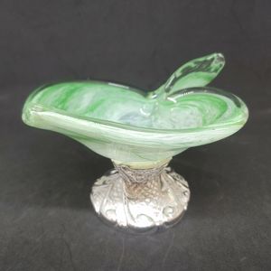 Glass Art Swirl Green on Silver Metal Pedestal
